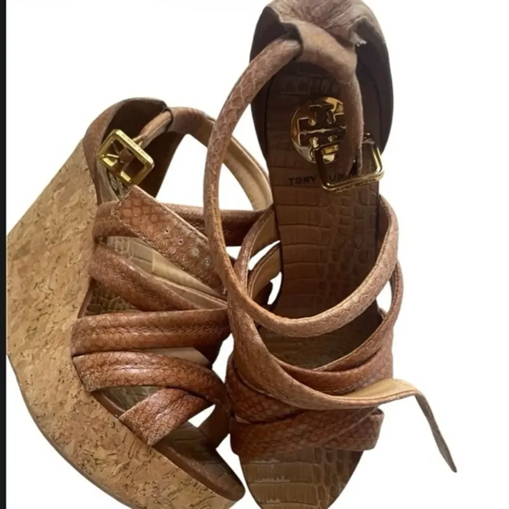 Tory Burch Jeanine Brown Snake Print Cork Wedge Sandals